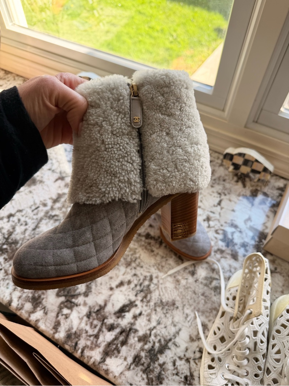 Womens Gray Quilted Suede Shearling Cuff Ankle Boot details pending!!